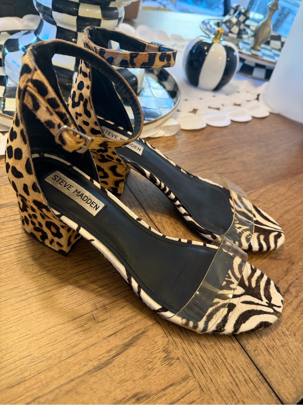 Steve Madden Black and Tan Mixed Animal Print Block Heel Sandals
